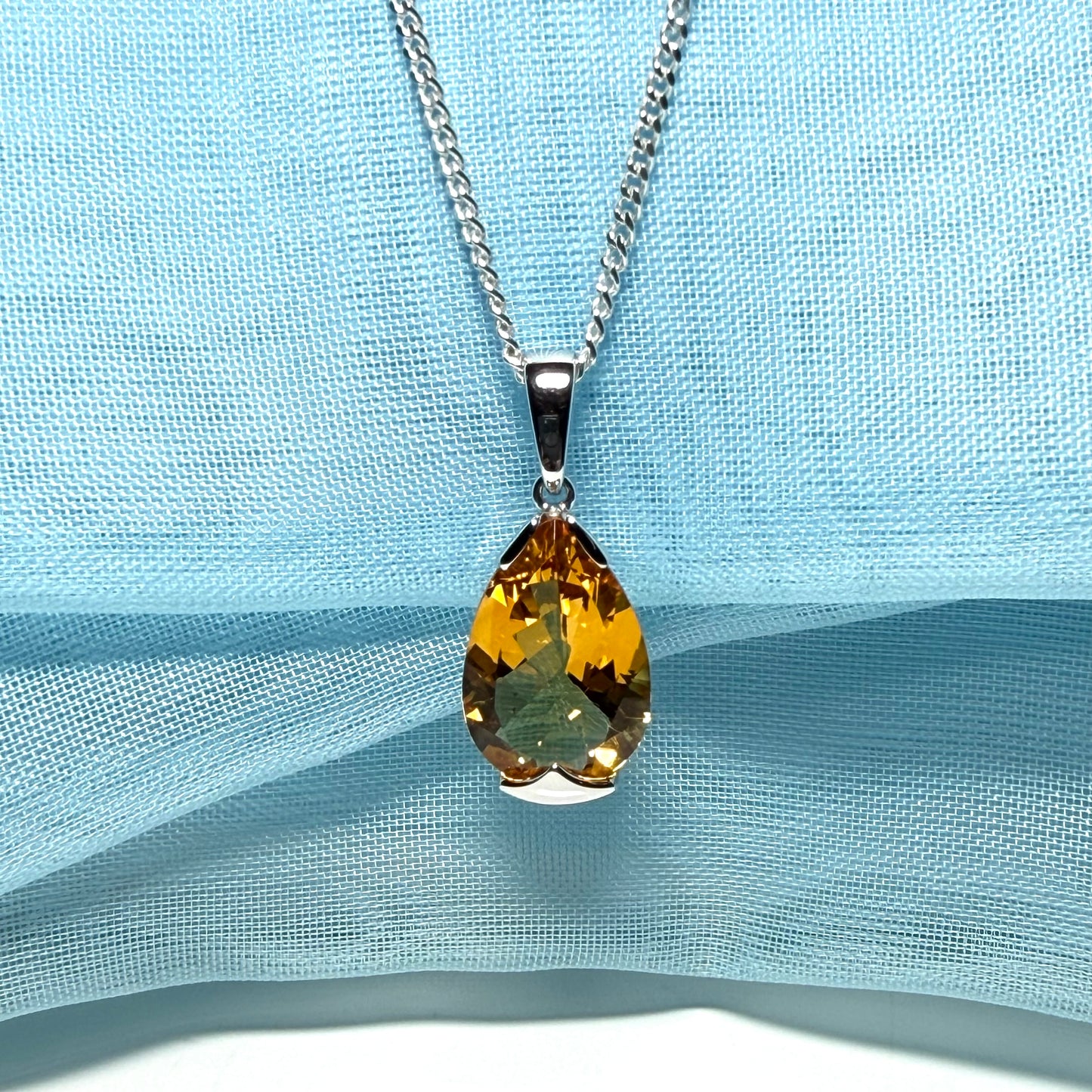 Large real yellow citrine necklace pear shaped white gold teardrop pendant with a chain