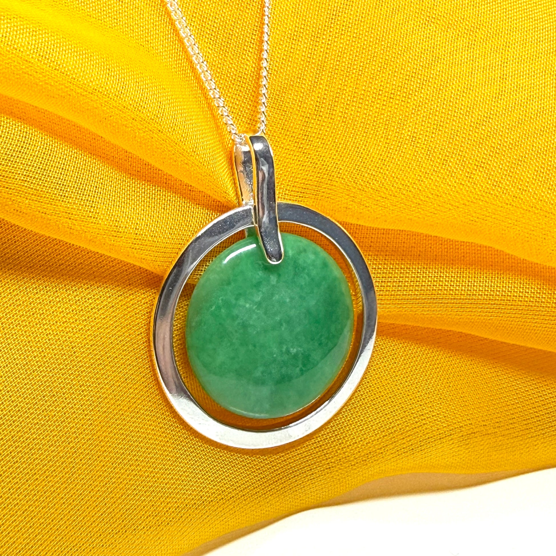Large silver round shaped dark green real jade necklace pendant with chain