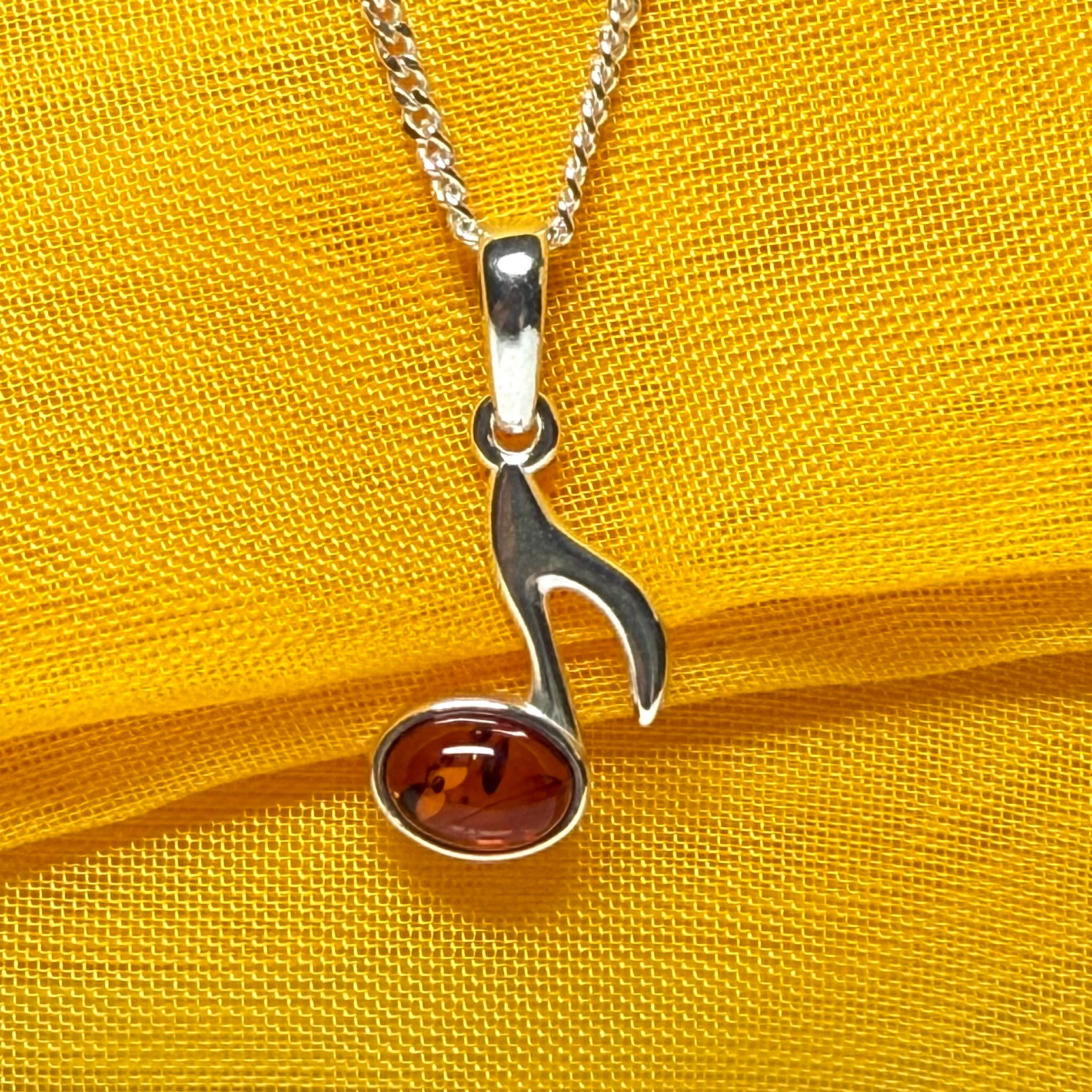 Musical note necklace orange real amber sterling silver pendant
