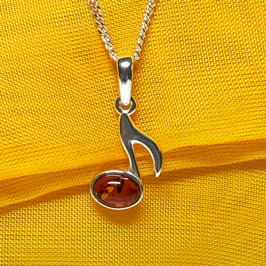 Musical note necklace orange real amber sterling silver pendant