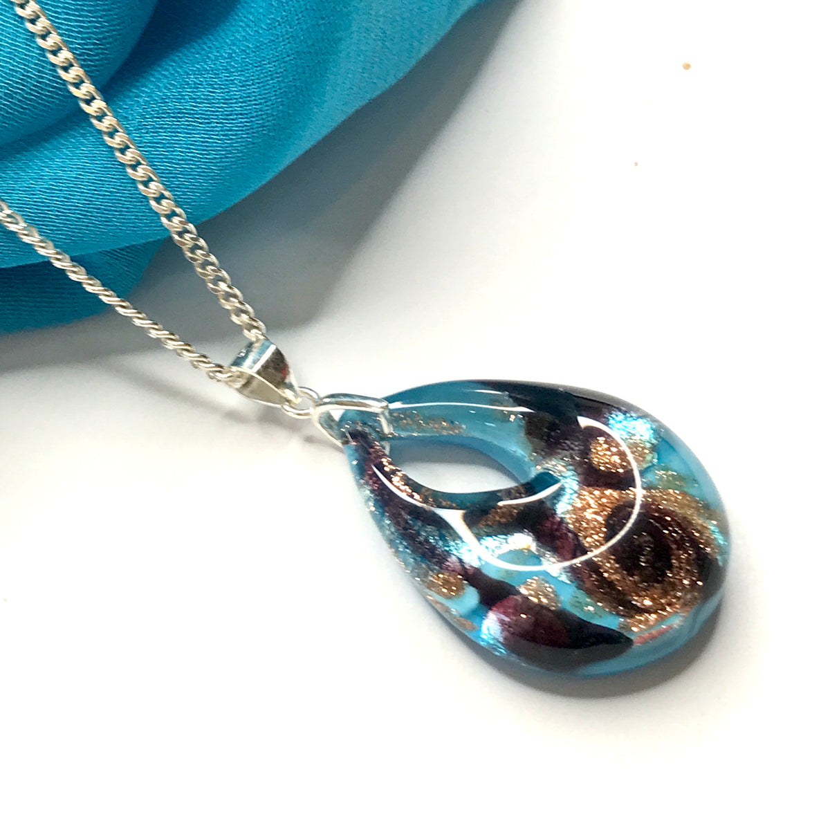 Necklace real Murano glass blue black gold coloured pear shaped pendant
