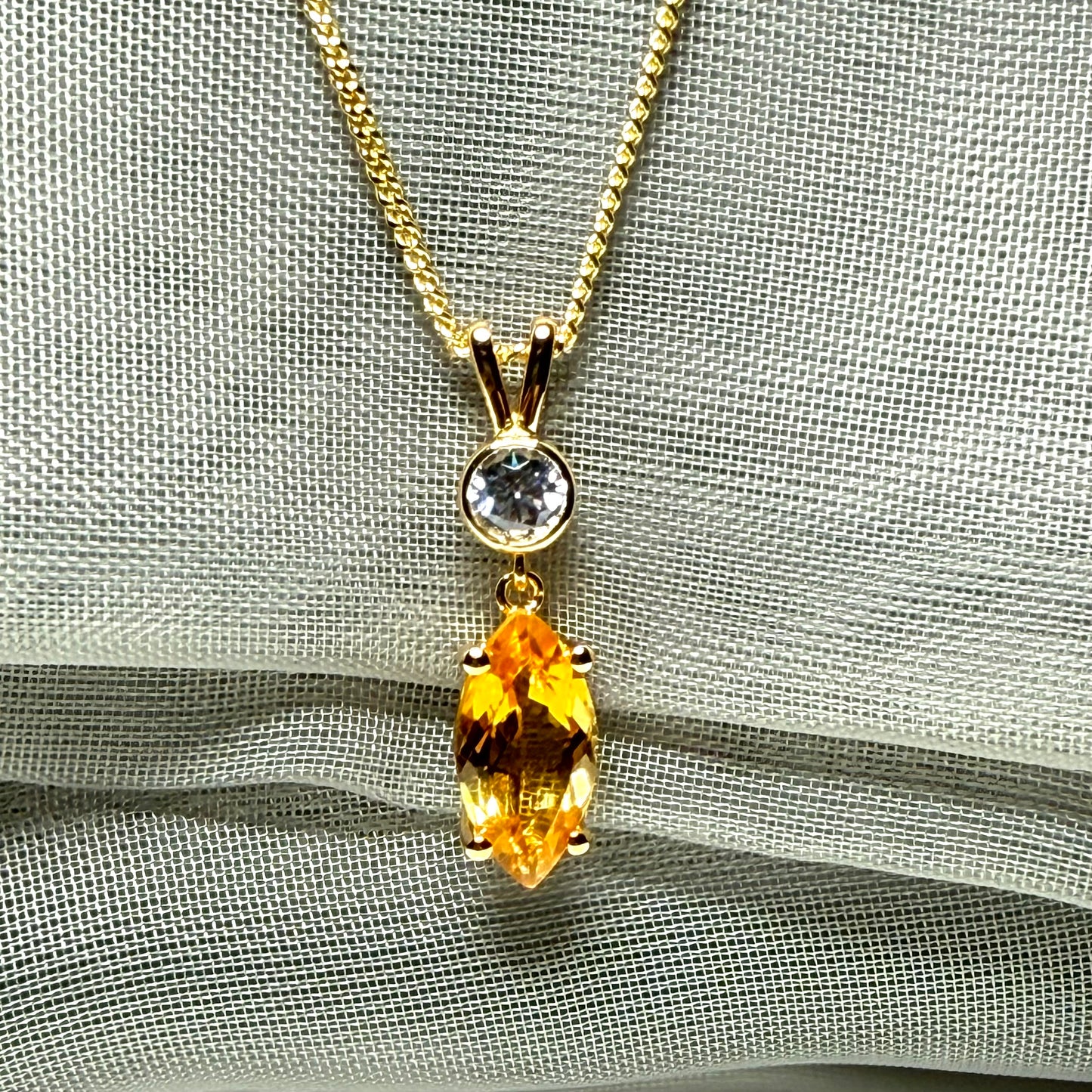 Necklace real yellow citrine and real cubic zirconia marquise and round sterling silver with yellow gold plating