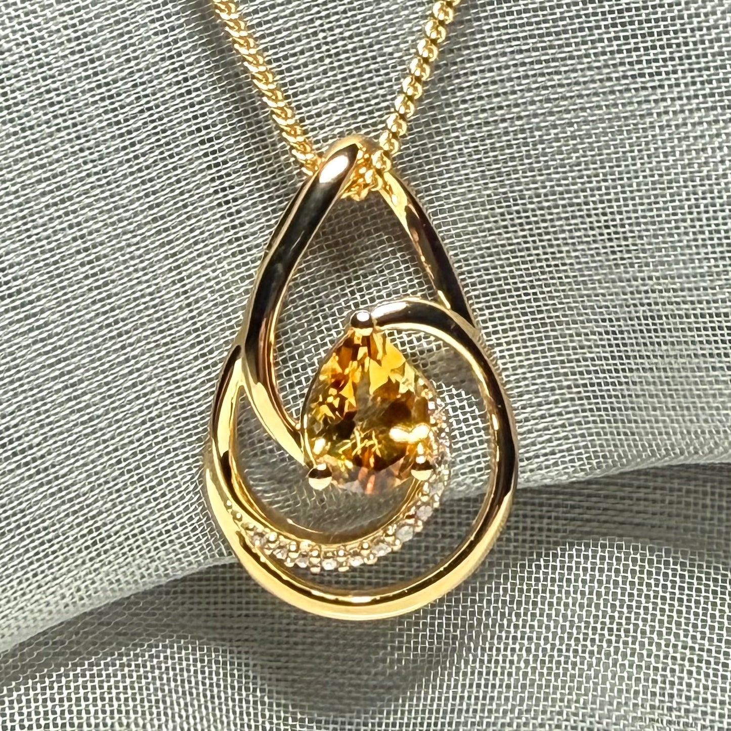 Necklace real yellow pear cut citrine and real cubic zirconia and round sterling silver with yellow gold plating