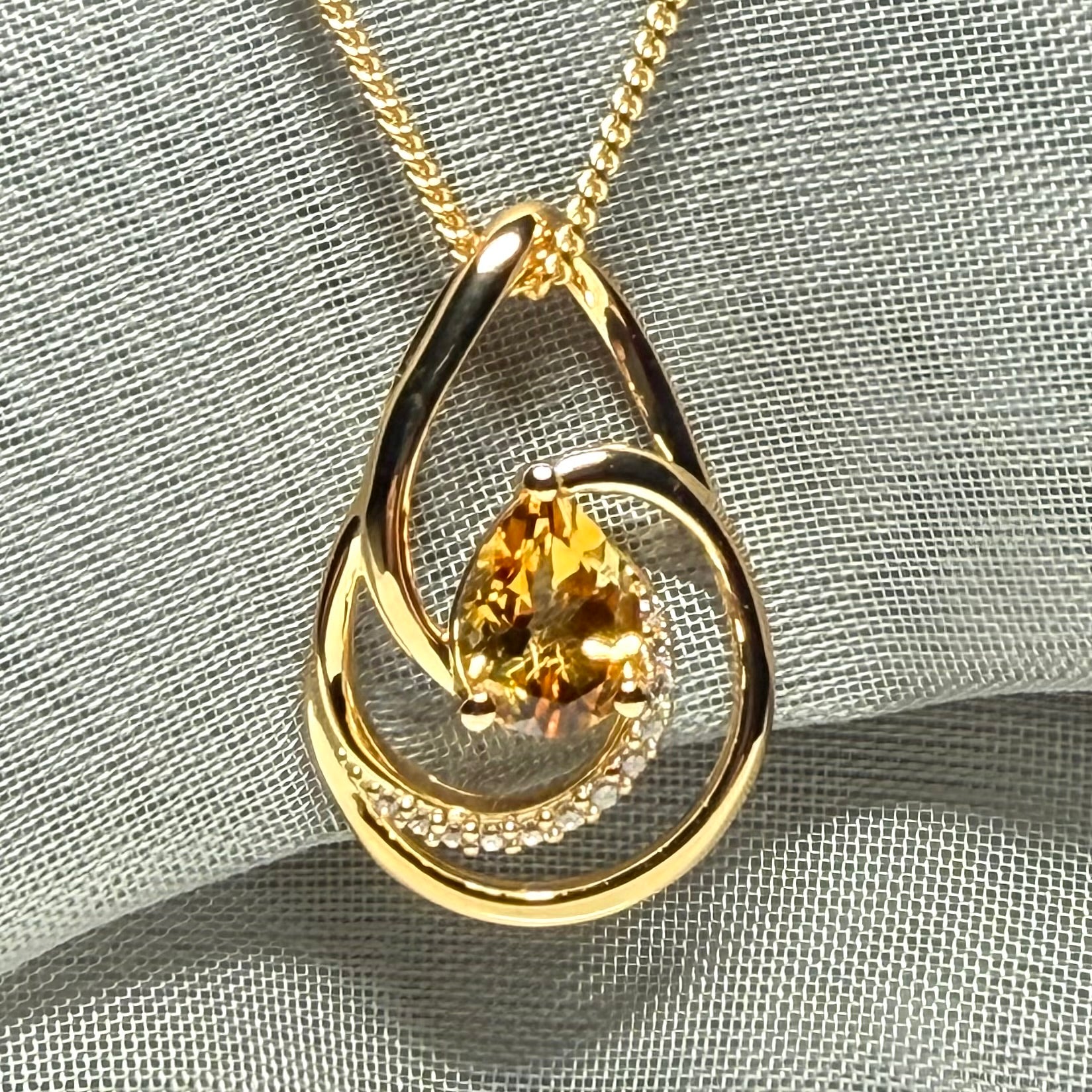 Necklace real yellow pear cut citrine and real cubic zirconia and round sterling silver with yellow gold plating