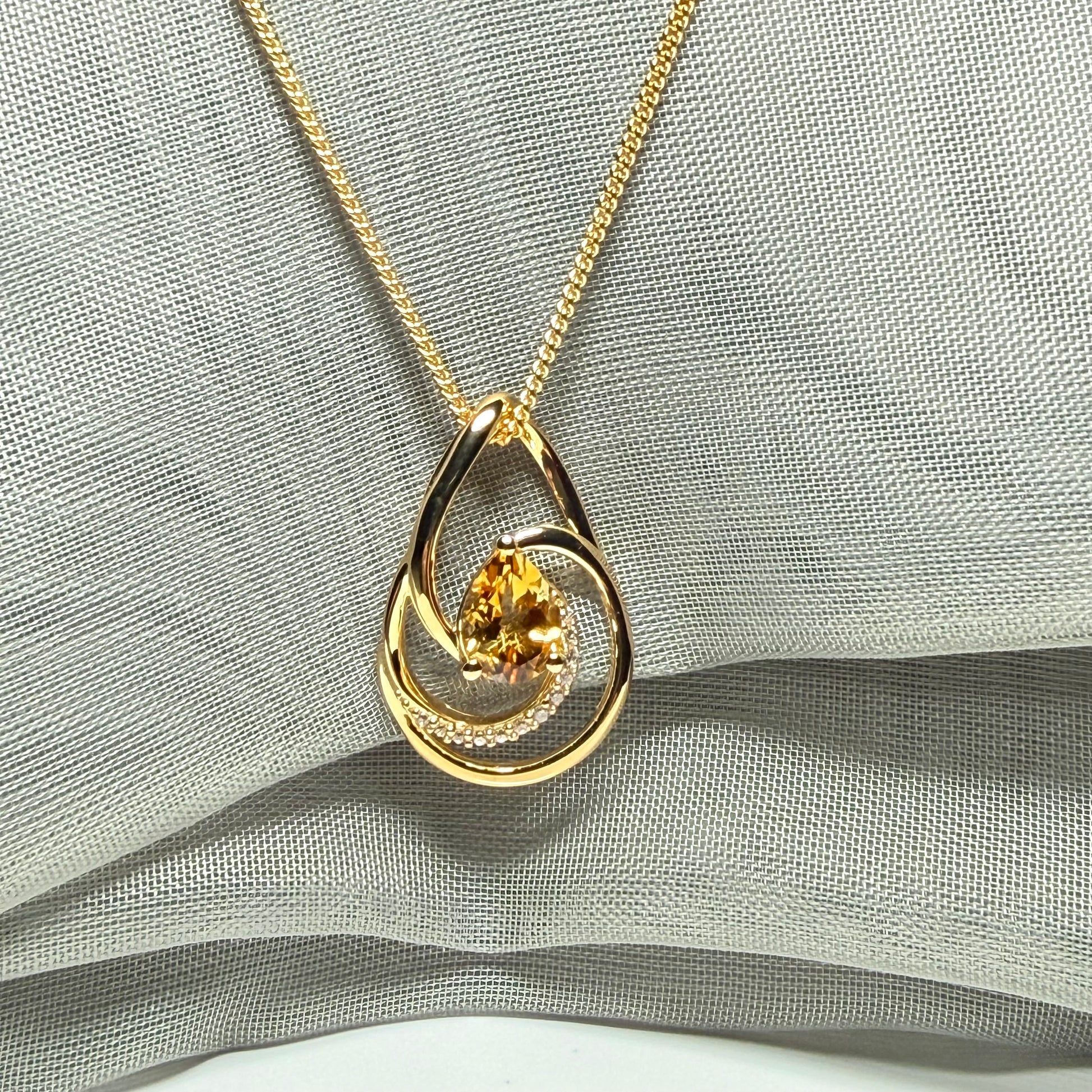 Necklace real yellow pear cut citrine and real cubic zirconia and round sterling silver with yellow gold plating open design