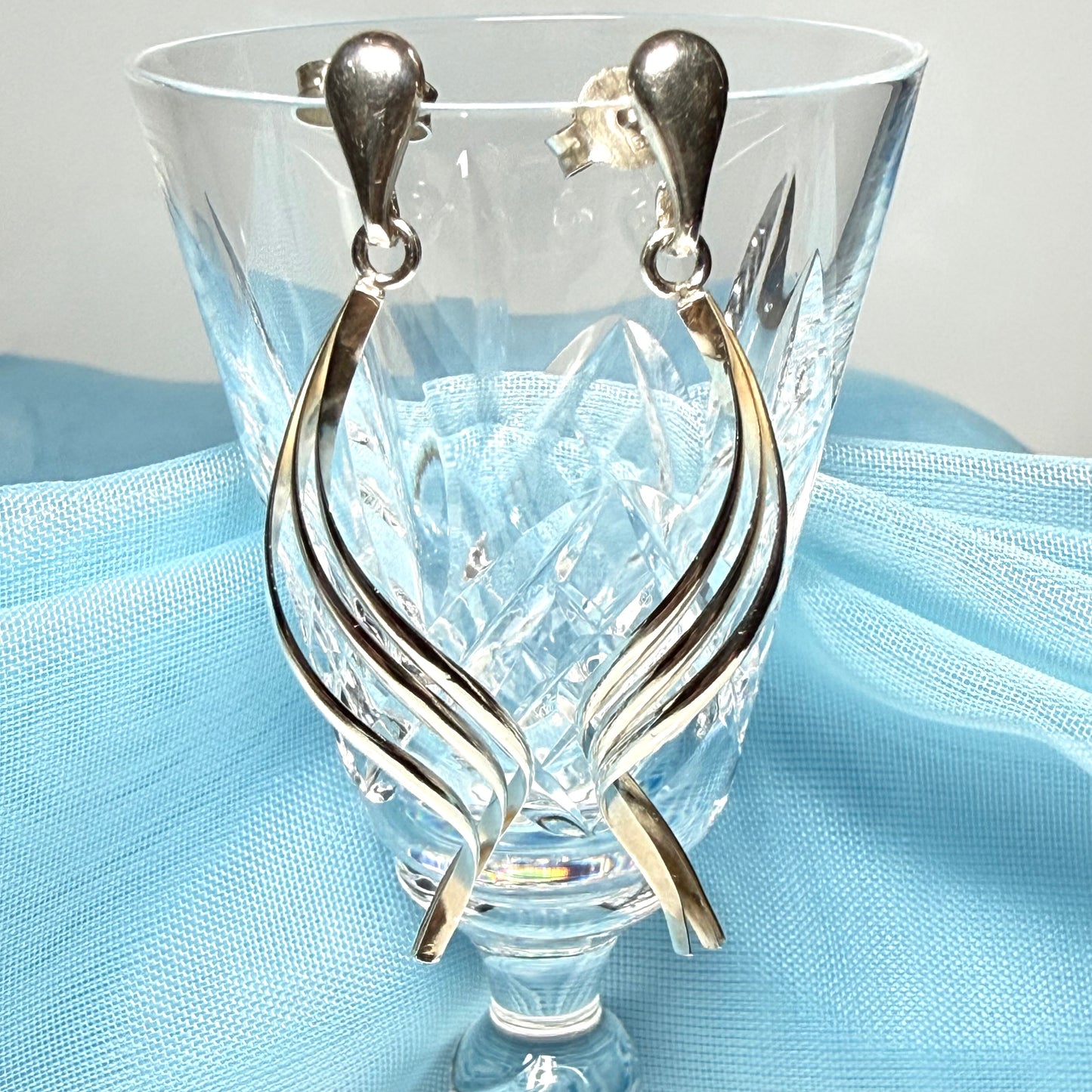 Pair Long fancy swirl drop earrings sterling silver