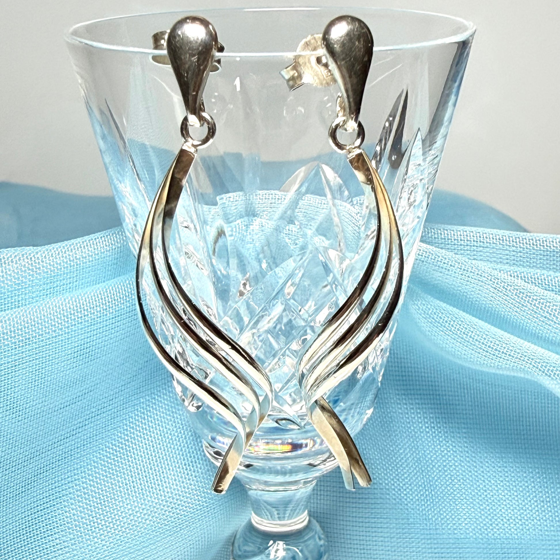 Pair Long fancy swirl drop earrings sterling silver