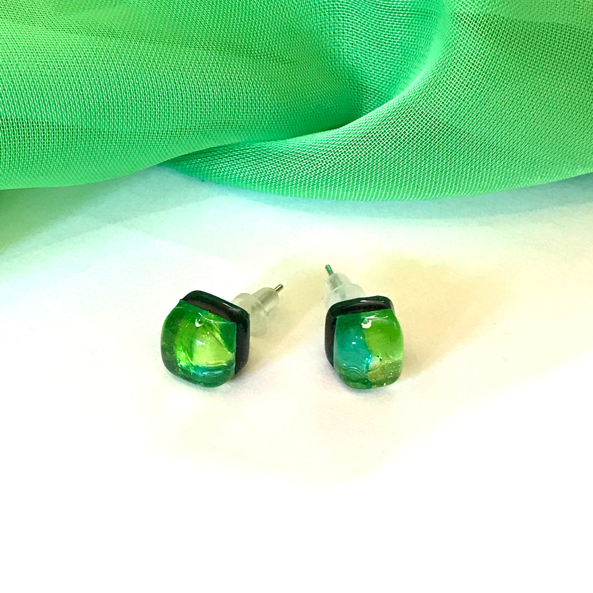 A pair of Green Real Murano Glass Square Stud Earrings