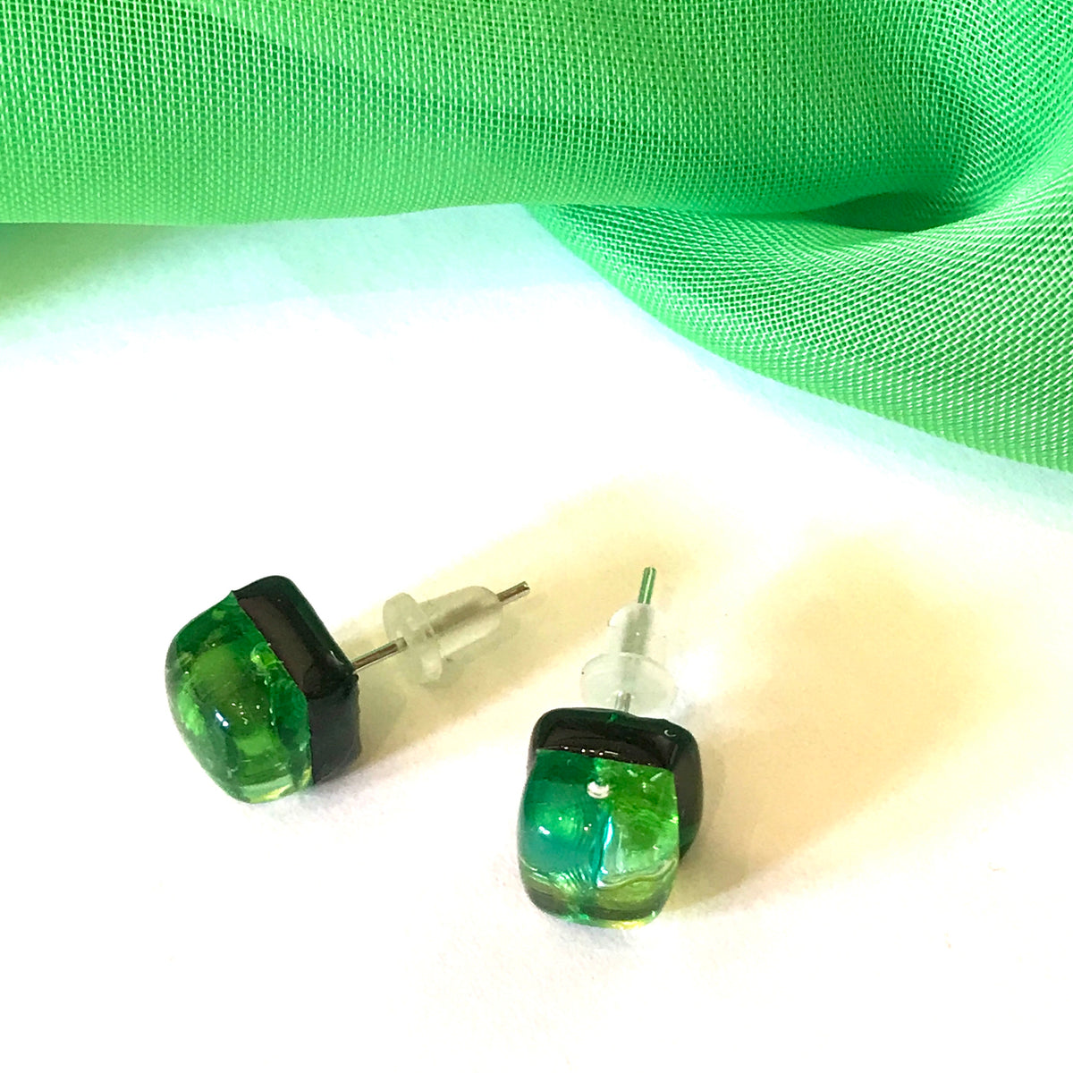A pair of Green Real Murano Glass Square Stud Earrings