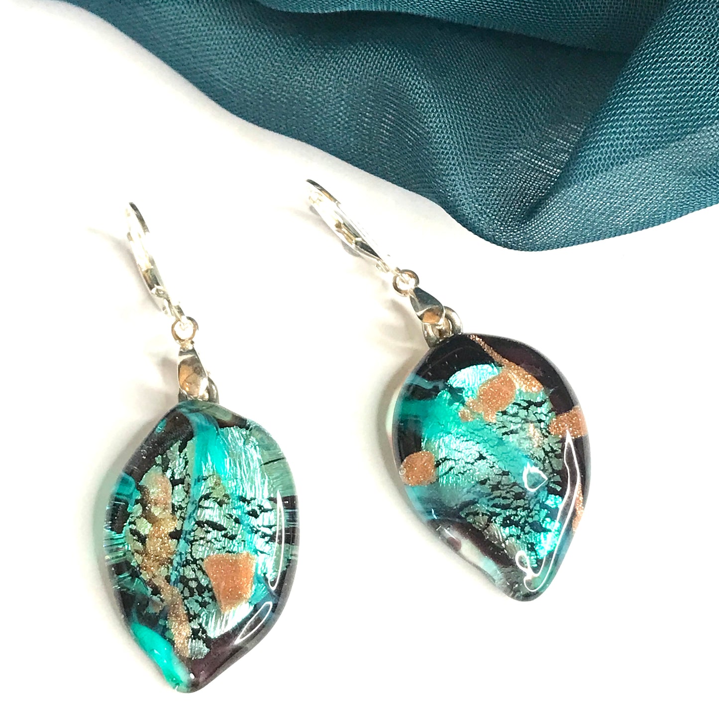 Real Murano glass light green leaf shaped drop earrings sterling silver