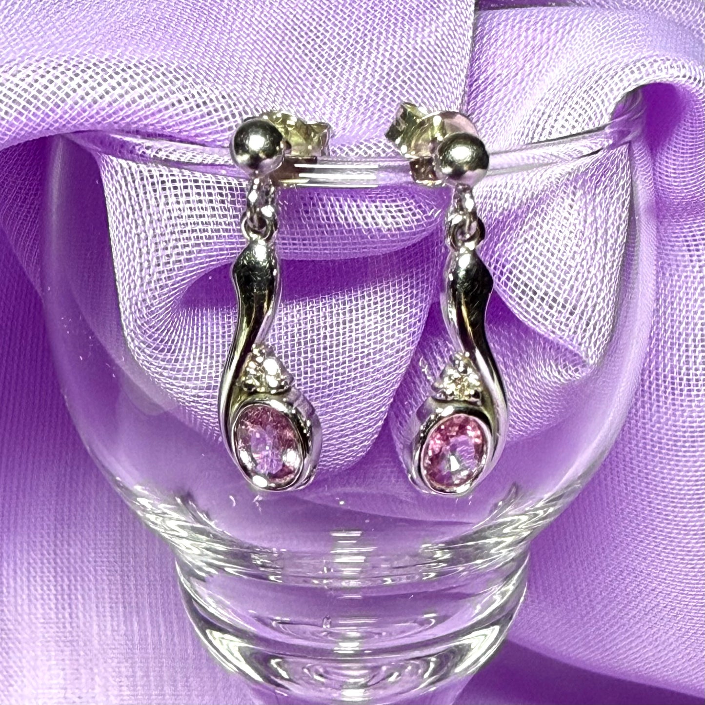 Real pink sapphire drop earrings with diamond white gold