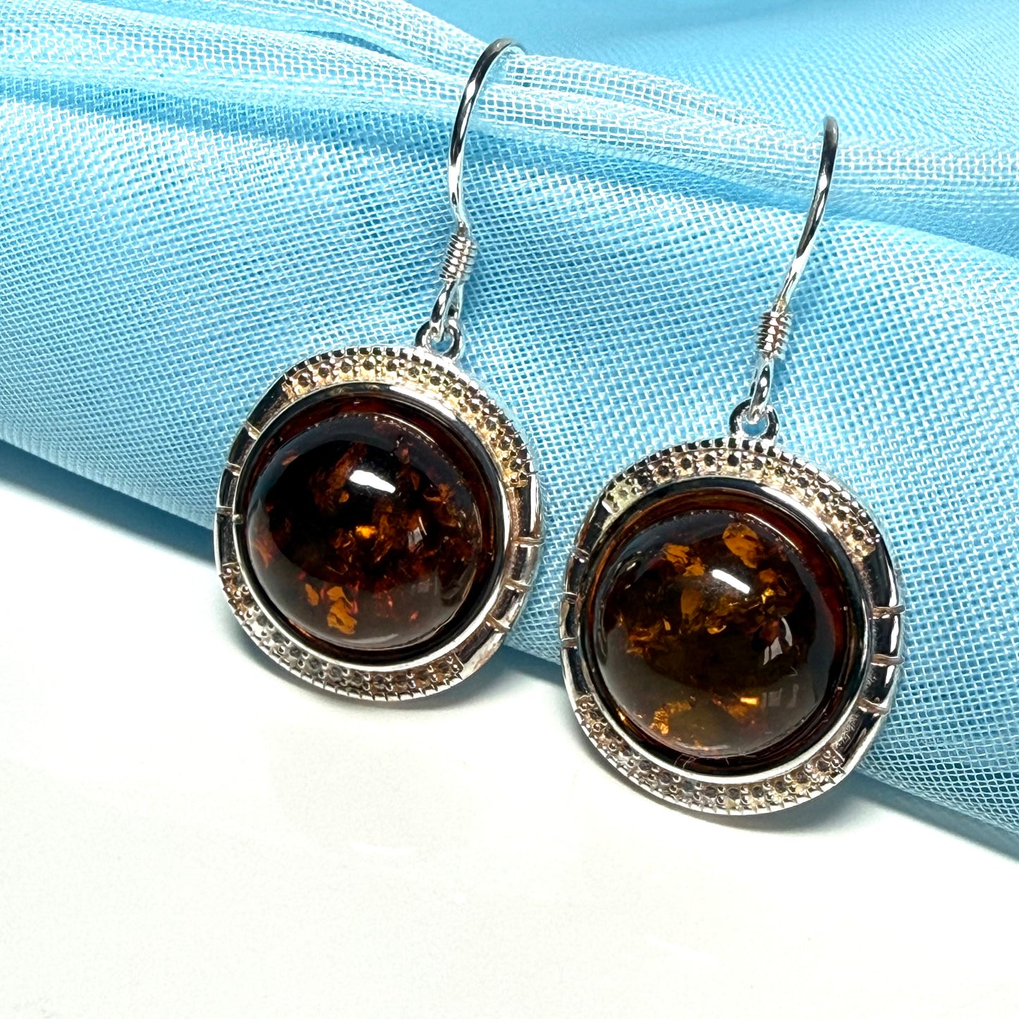 Drop earrings orange real amber round shaped sterling silver