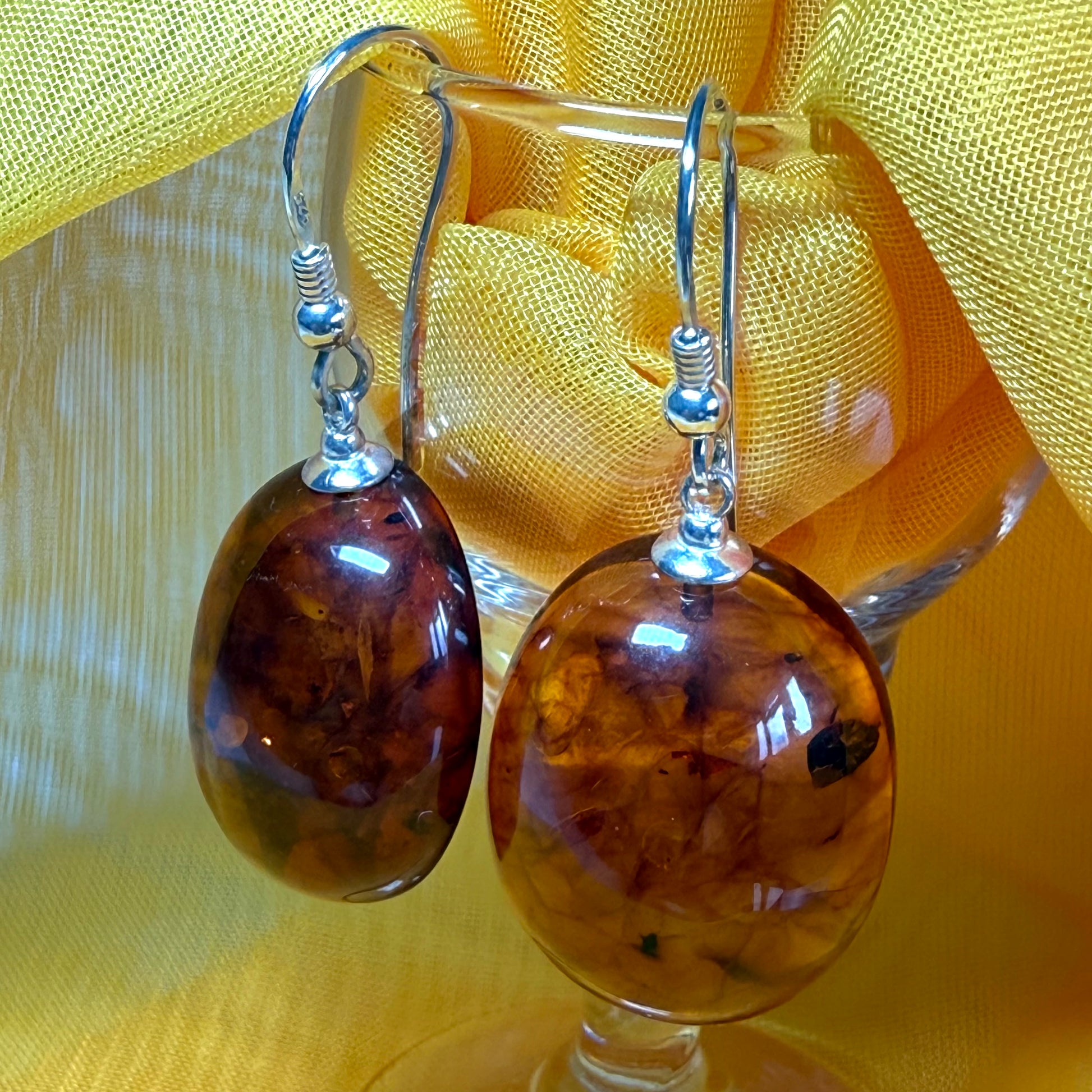 Pair of real amber drop earrings oval shaped sterling silver hooks