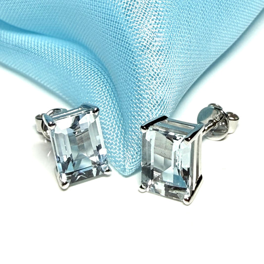 Real aquamarine earrings stud square cut white gold
