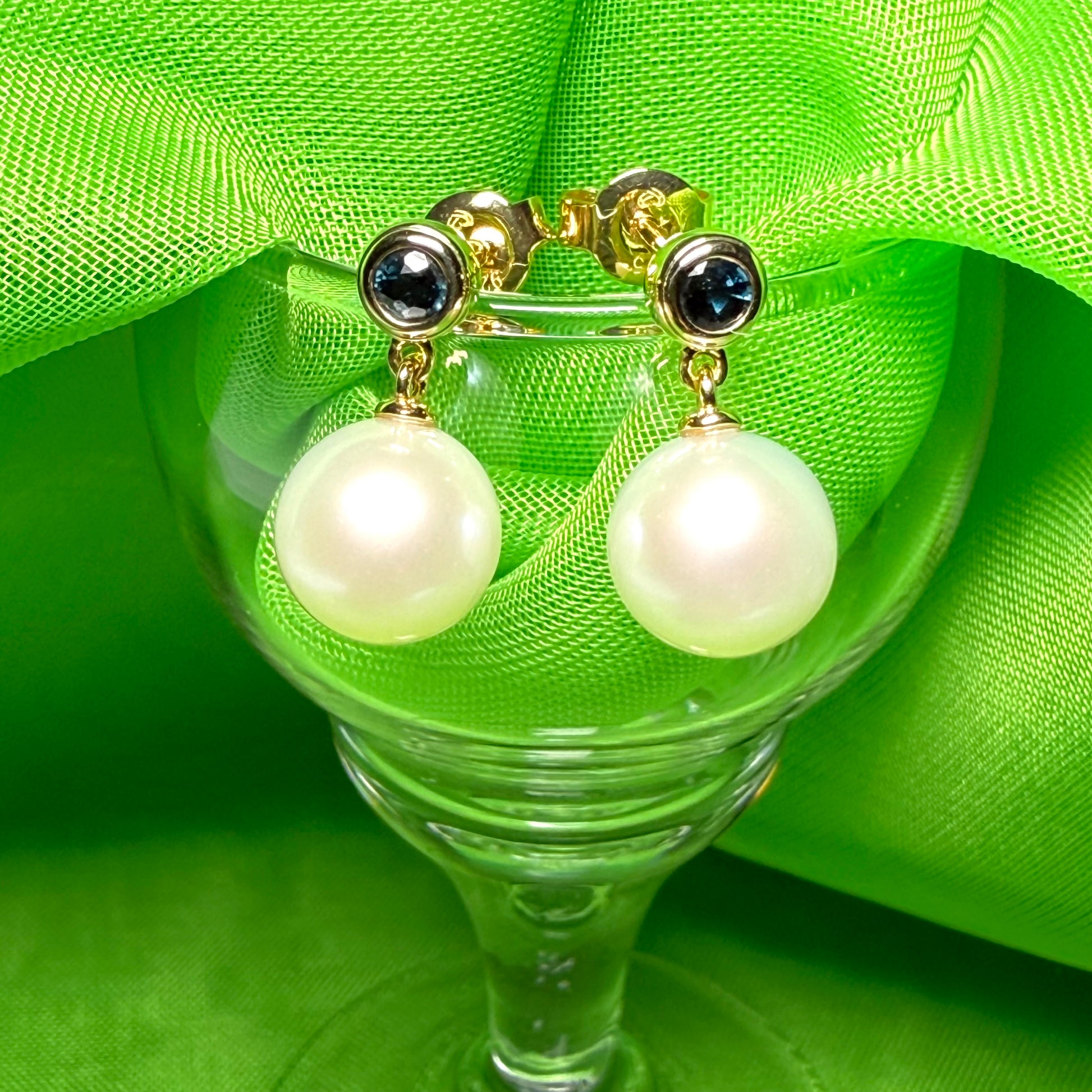 Pair of real freshwater cultured pearl and real sapphire round drop earrings sterling silver with yellow gold plating
