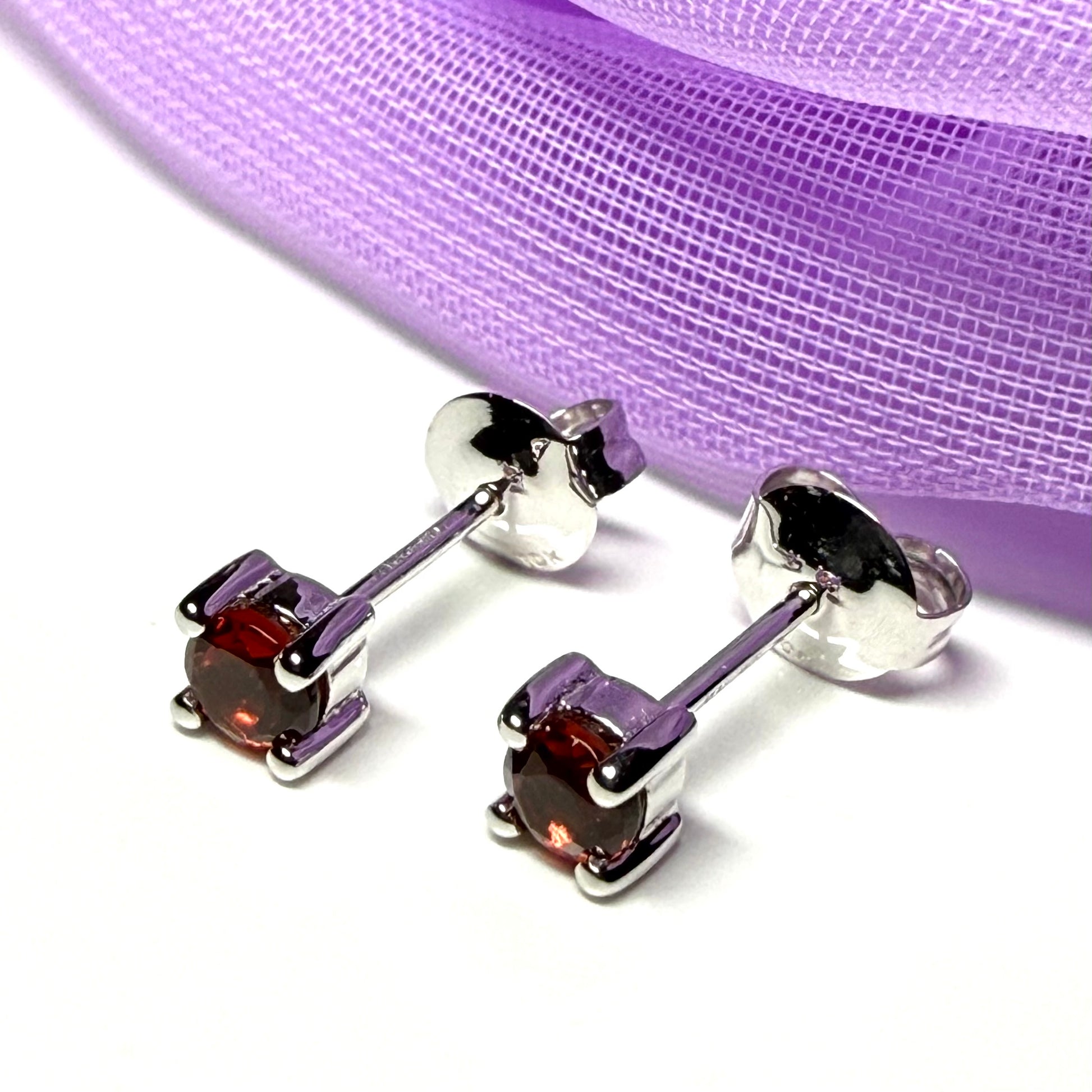 Real garnet earrings round white gold stud, simply beautiful