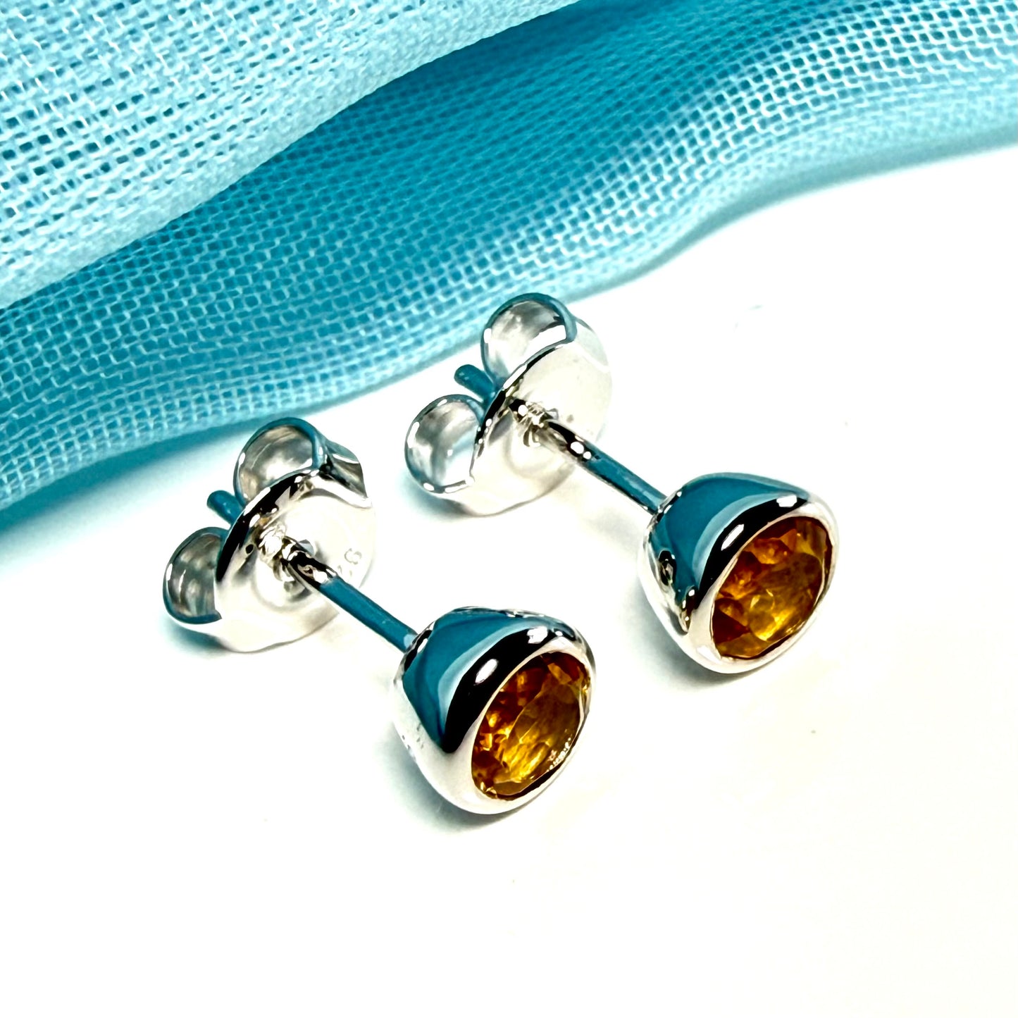 Real round citrine pair of earrings sterling silver yellow