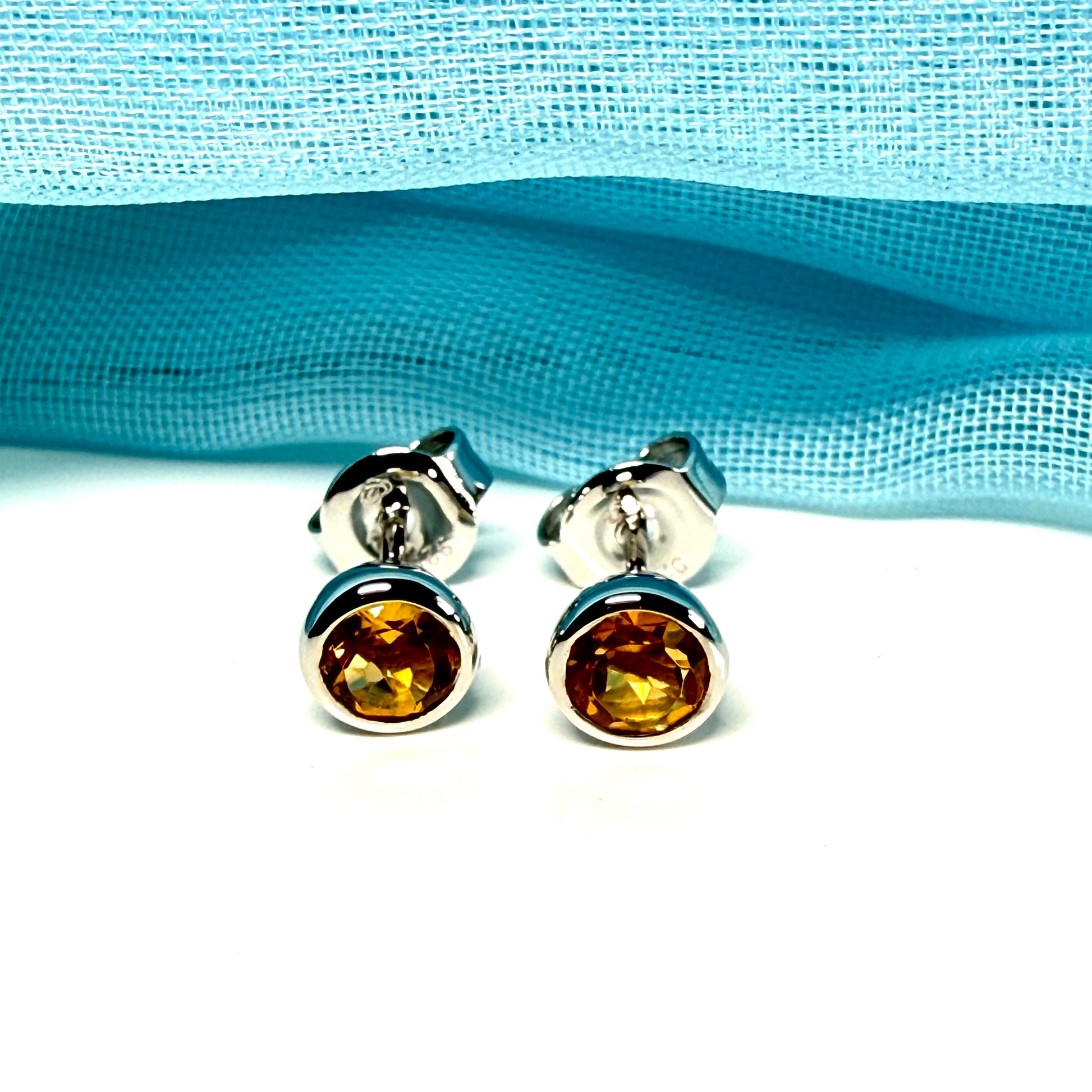 Real round citrine pair of earrings sterling silver yellow