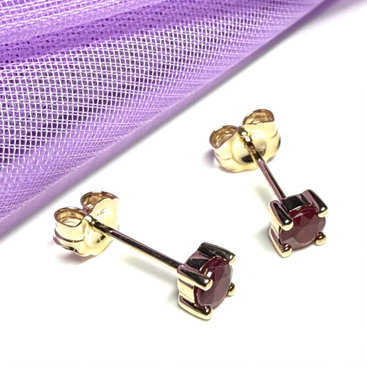 Real ruby earrings round yellow gold stud