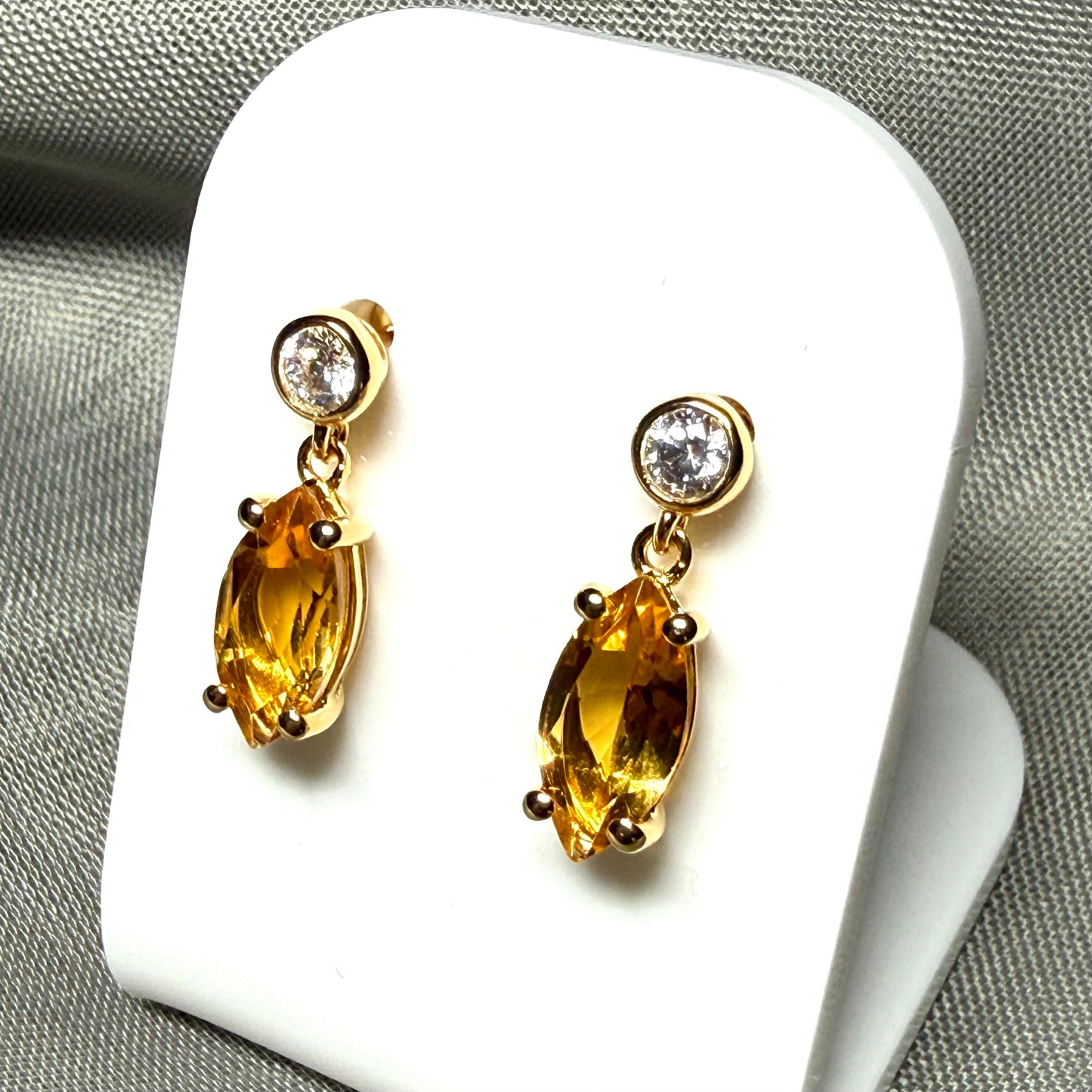 Real yellow citrine and real cubic zirconia marquise and round drop earrings sterling silver with yellow gold plating