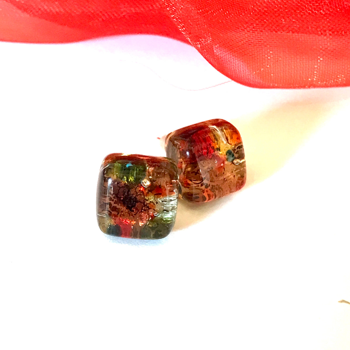 Pair of red square stud Real Genuine Murano glass stud earrings