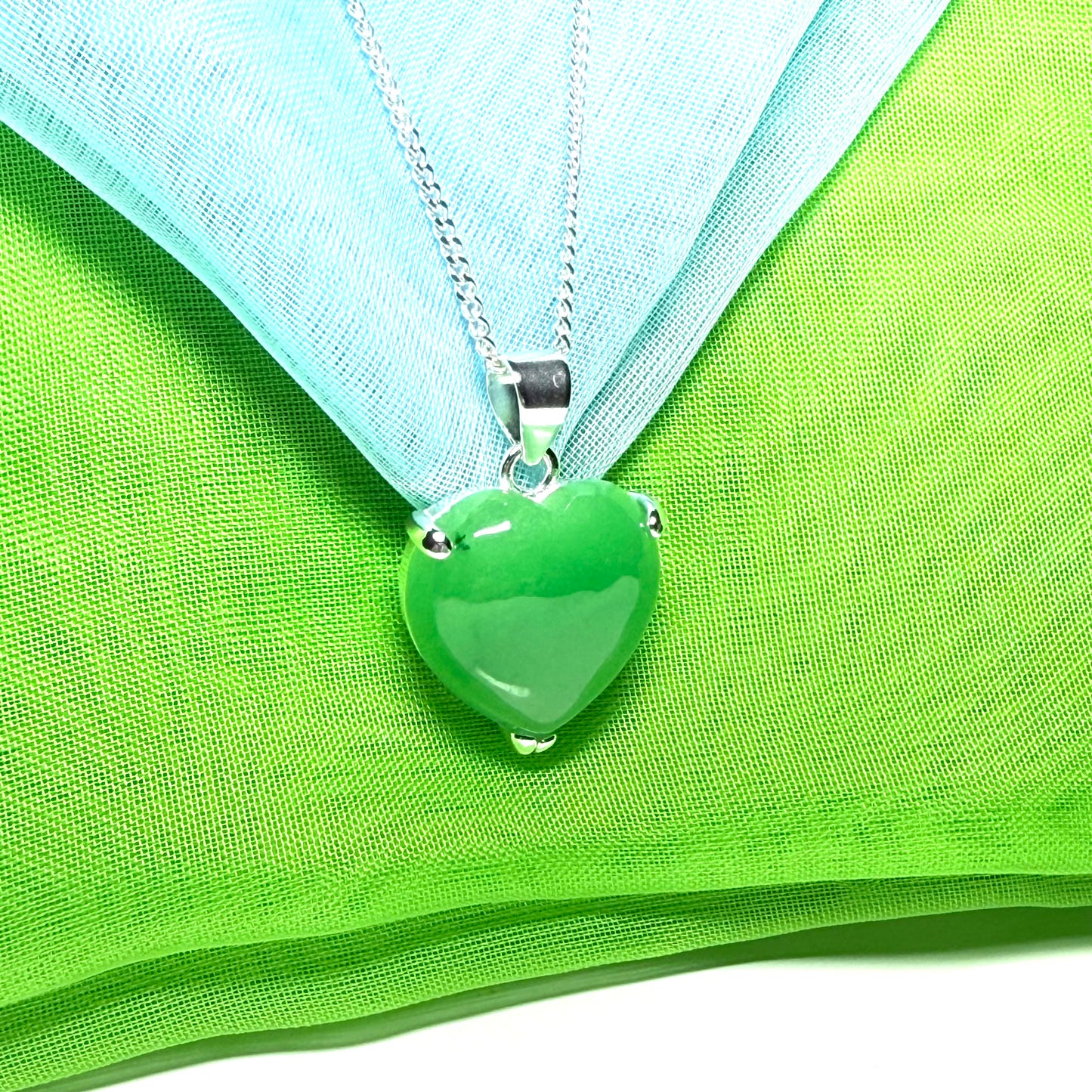 Pendant heart shape sterling silver real green jade stone necklace with a chain included as well
