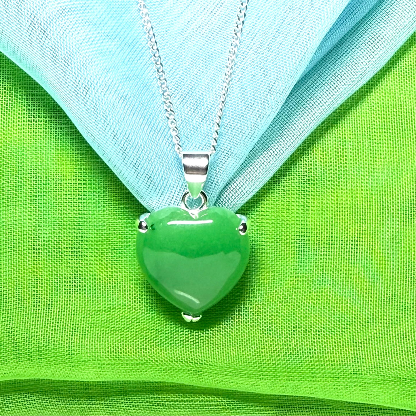 Pendant heart shape sterling silver real green jade stone necklace with a chain included as well