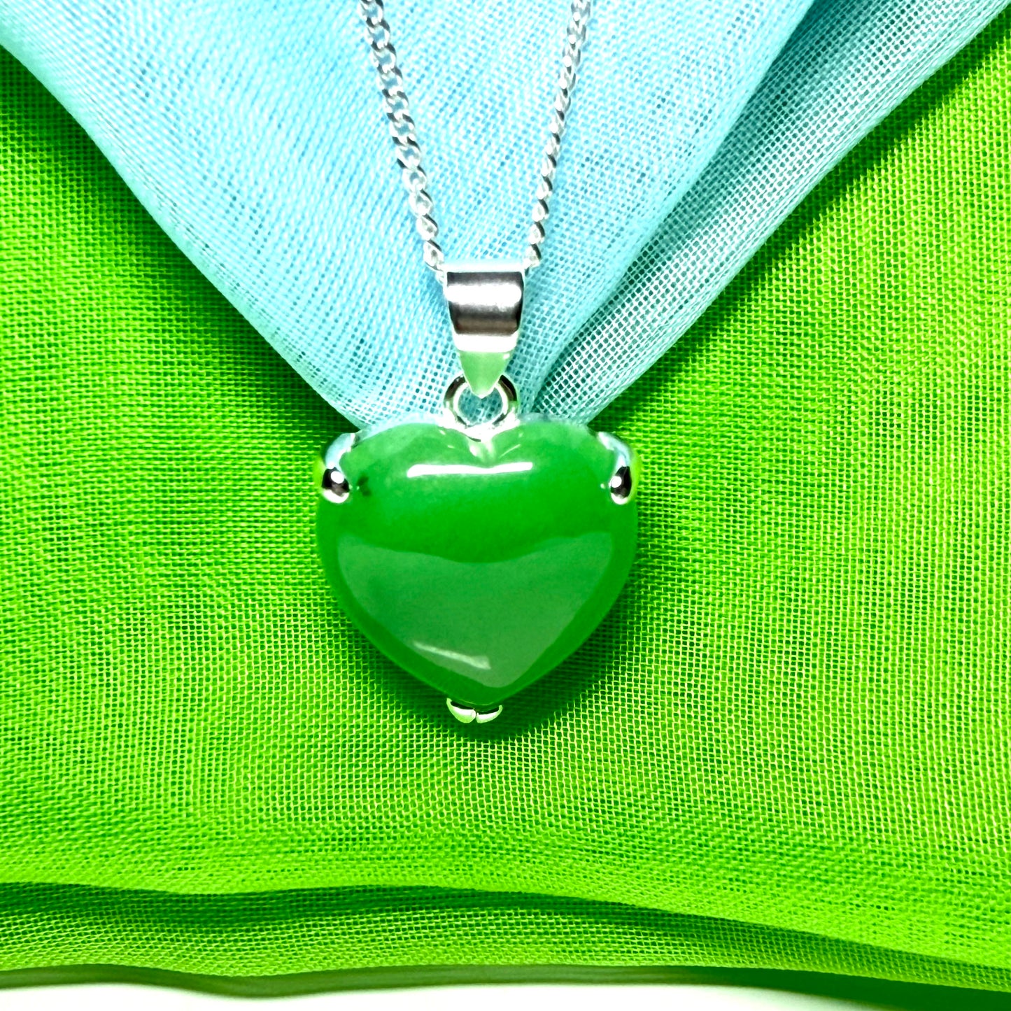 Pendant heart shape sterling silver real green jade stone necklace with a chain included as well