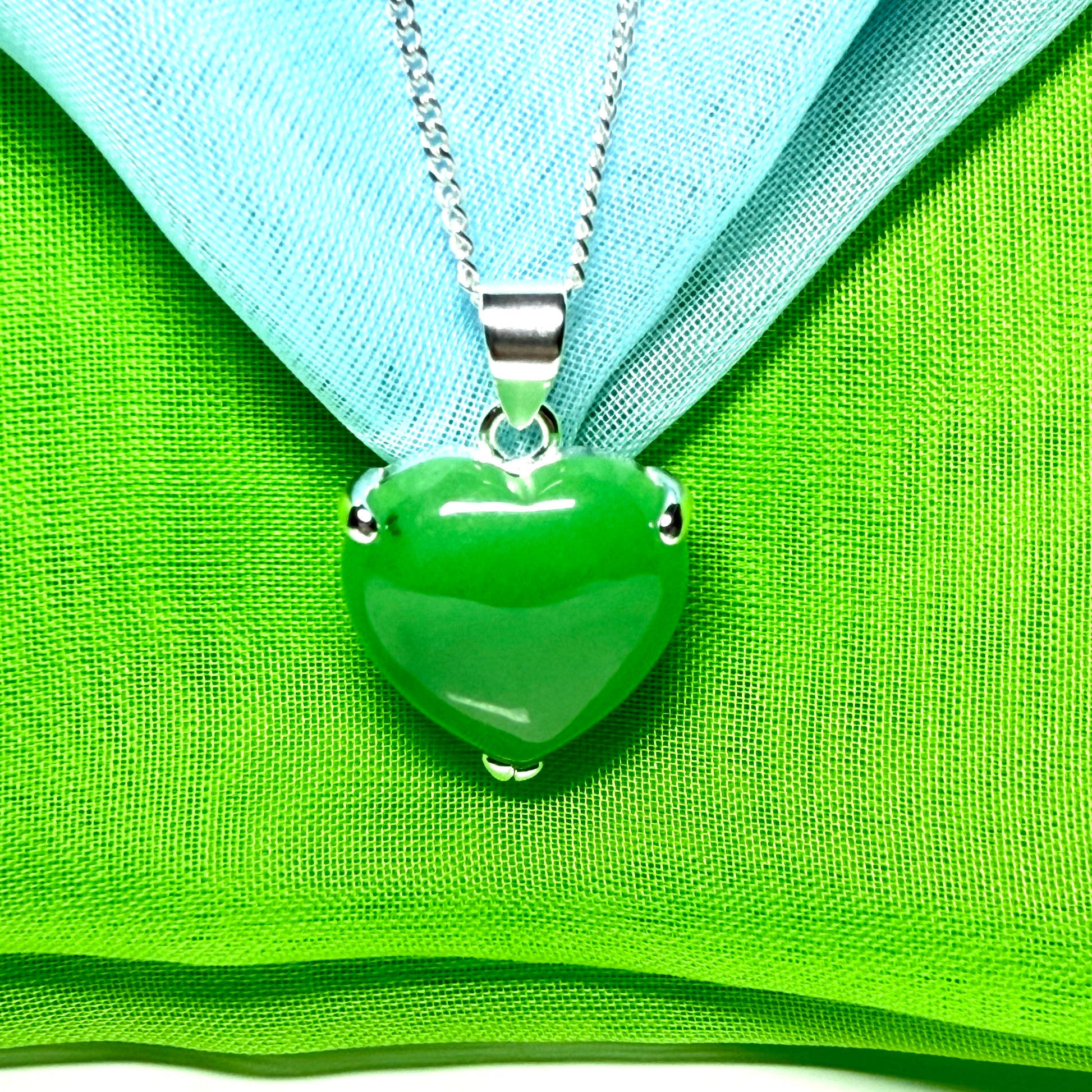 Pendant heart shape sterling silver real green jade stone necklace with a chain included as well