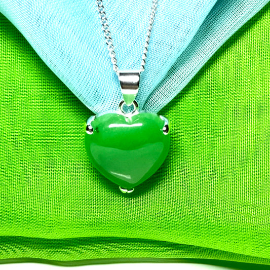 Pendant heart shape sterling silver real green jade stone necklace with a chain included as well
