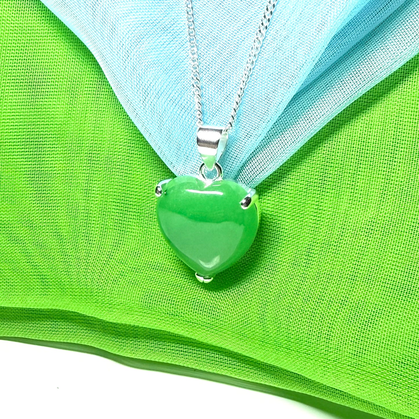 Pendant heart shape sterling silver real green jade stone necklace with a chain included as well