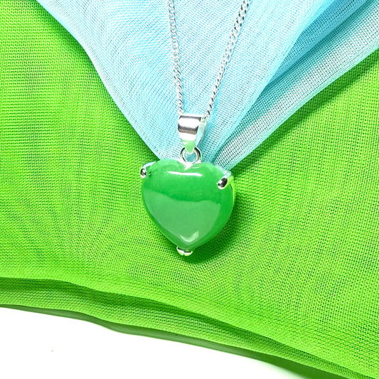 Pendant heart shape sterling silver real green jade stone necklace with a chain included as well