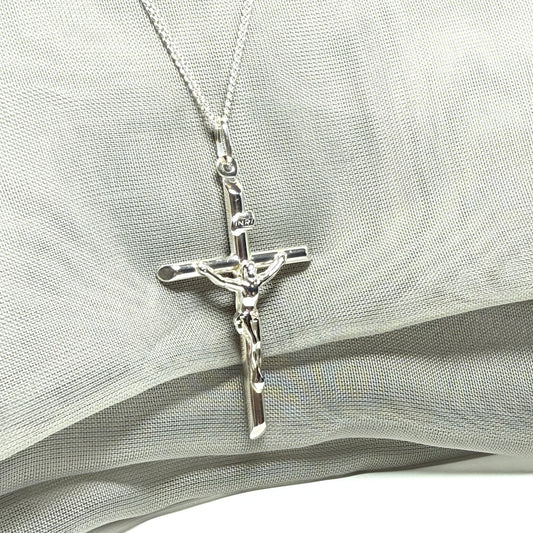 Polished sterling silver crucifix cross necklace including chain