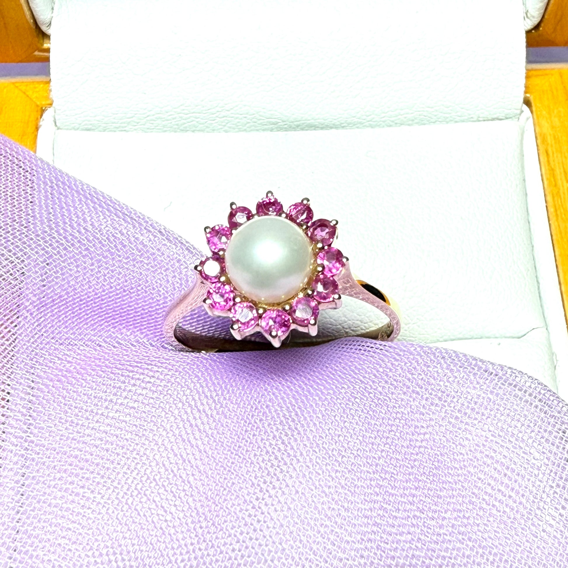 Cultured pearl and ruby yellow gold round cluster ring