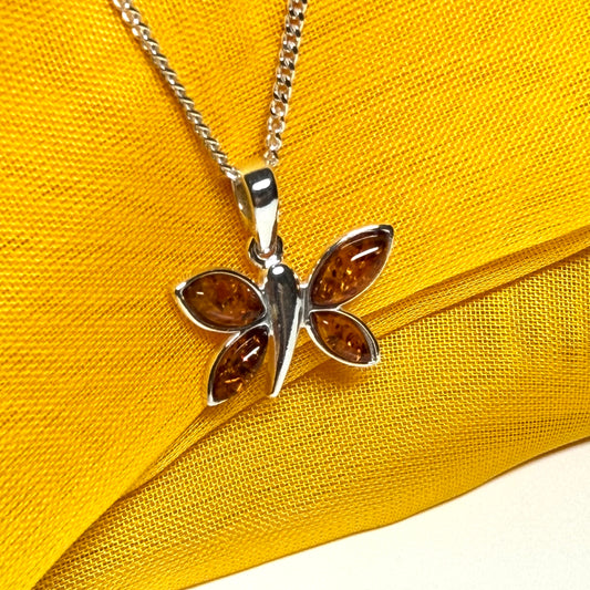 Real amber butterfly shaped necklace sterling silver pendant with chain