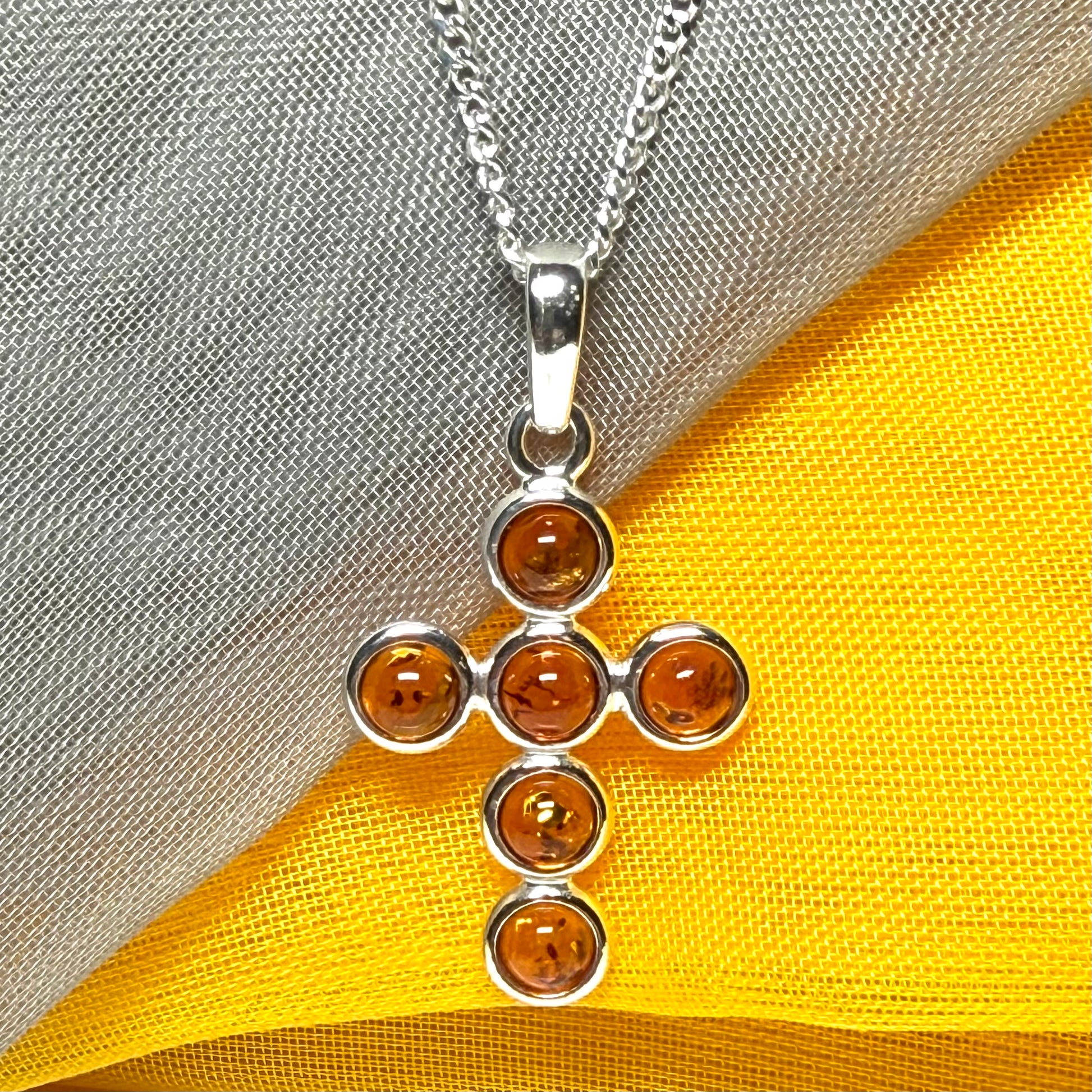 Real amber cross necklace sterling silver pendant