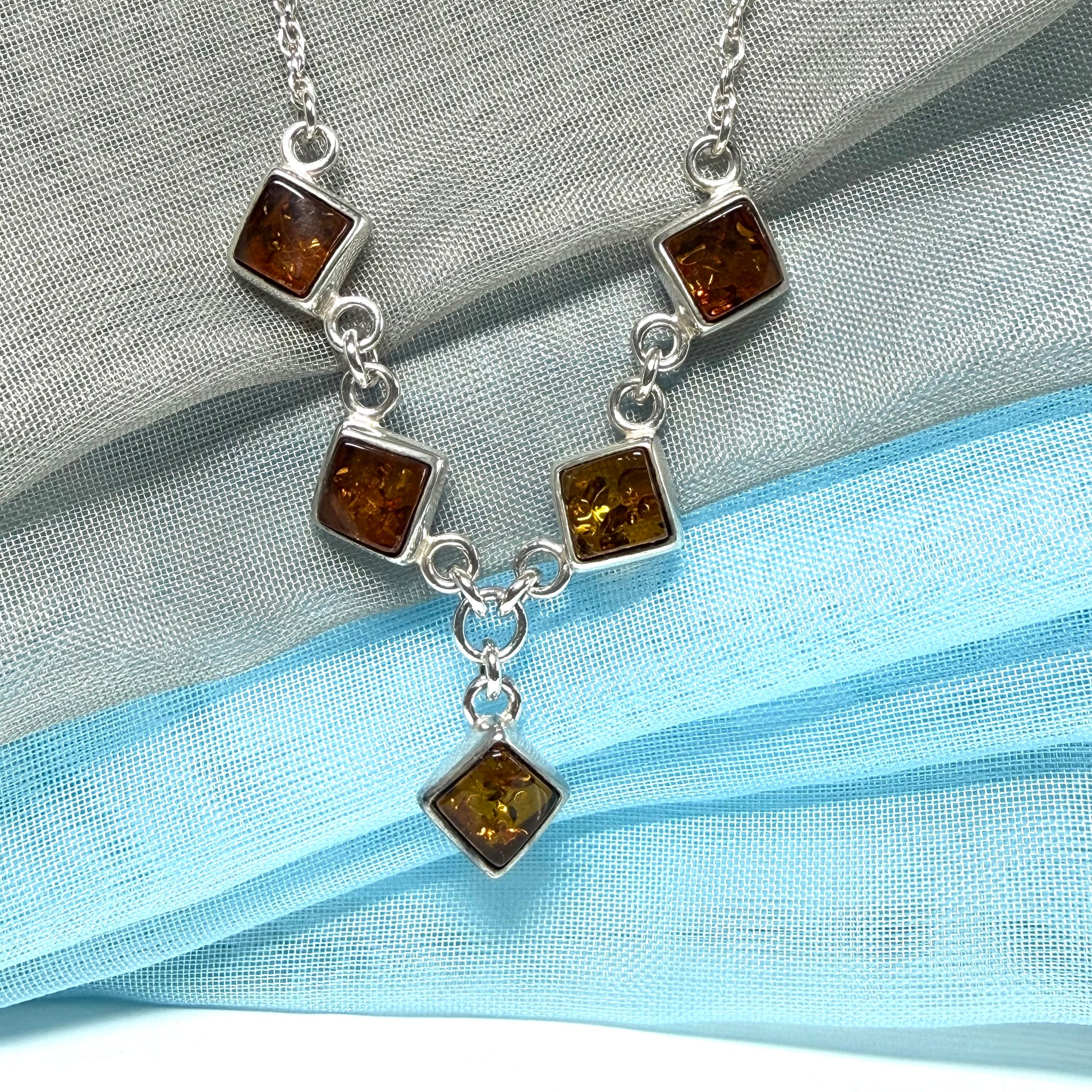 Real amber necklace sterling silver five stone drop pendant