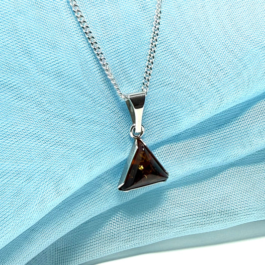 A real amber necklace sterling silver triangle shape dark amber pendant