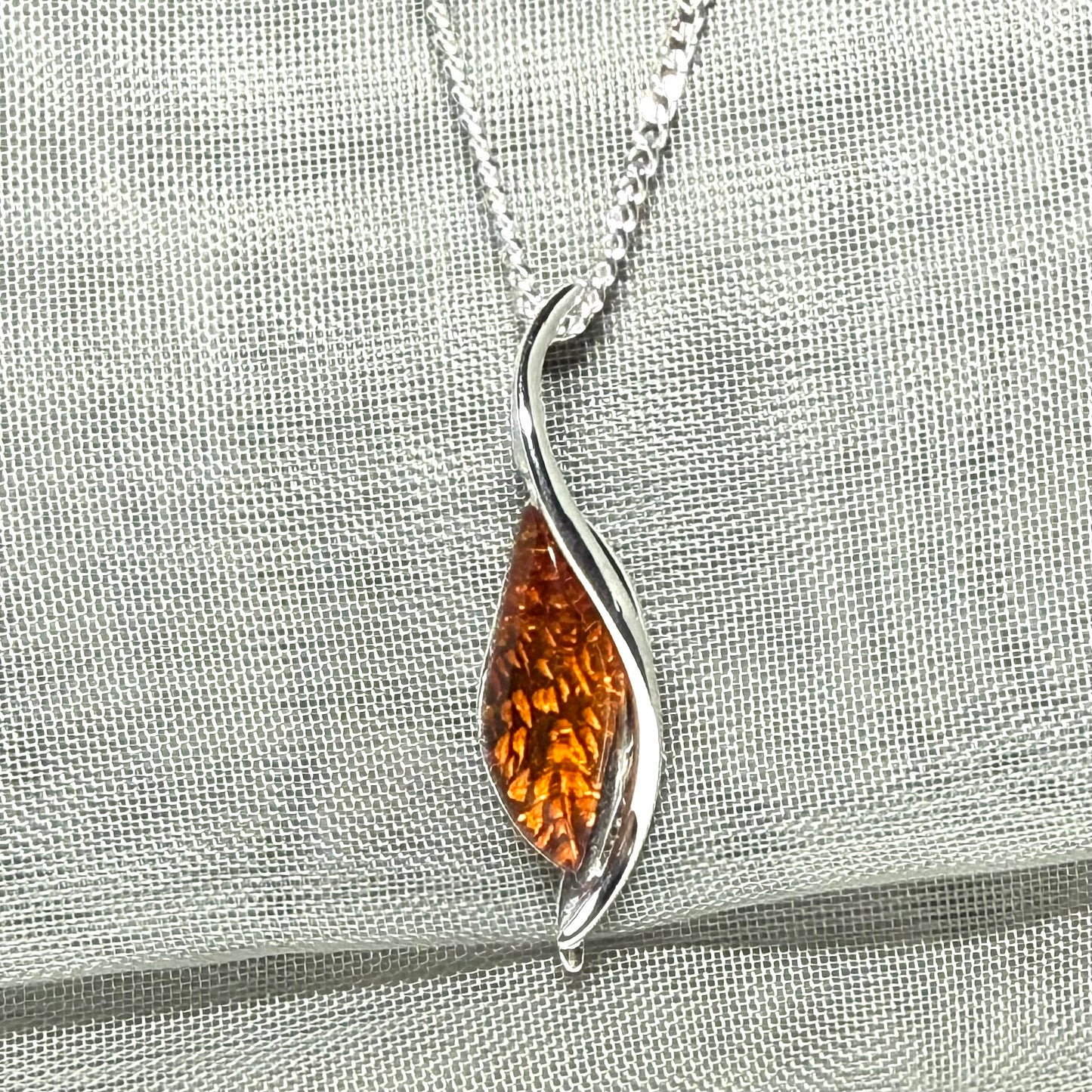 Real amber necklace sterling silver twisted marquise shaped amber pendant
