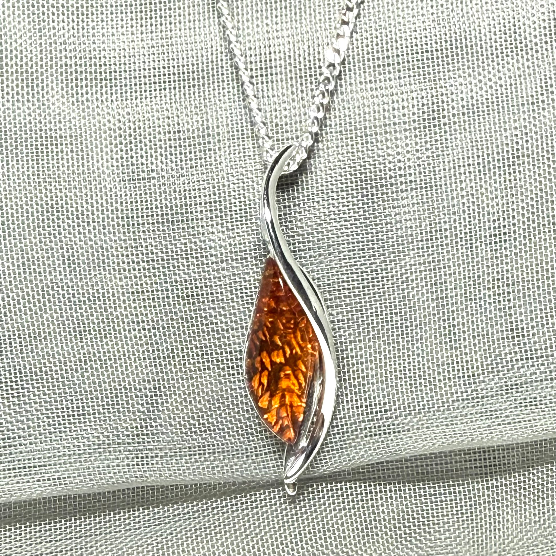 Real amber necklace sterling silver twisted marquise shaped amber pendant