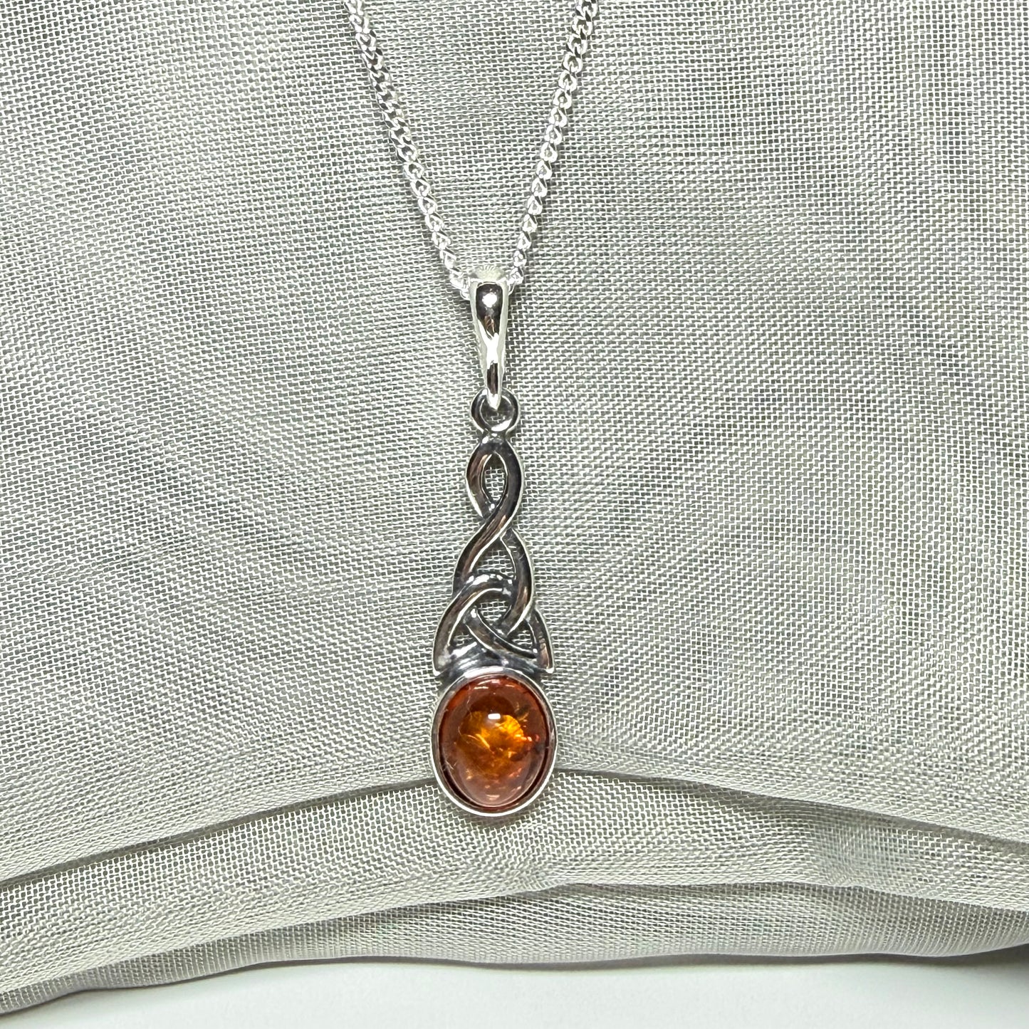 Real amber necklace sterling silver woven Celtic pendant oval amber