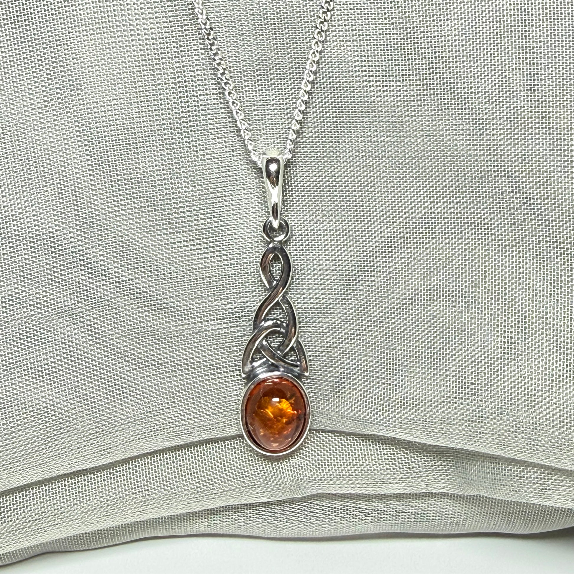 Real amber necklace sterling silver woven Celtic pendant oval amber