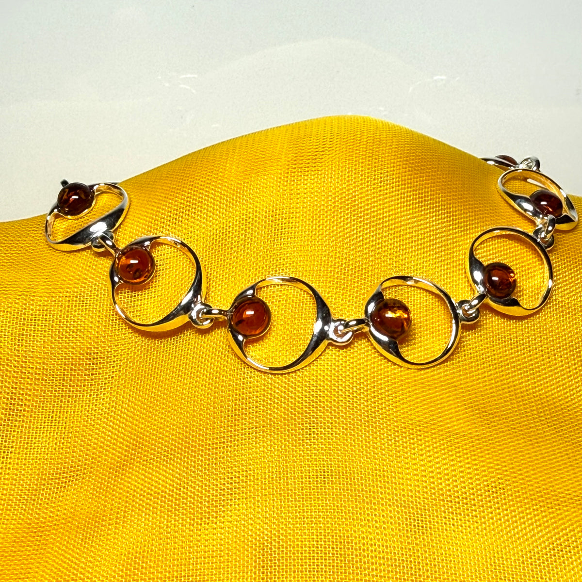 Real amber round shaped open link sterling silver