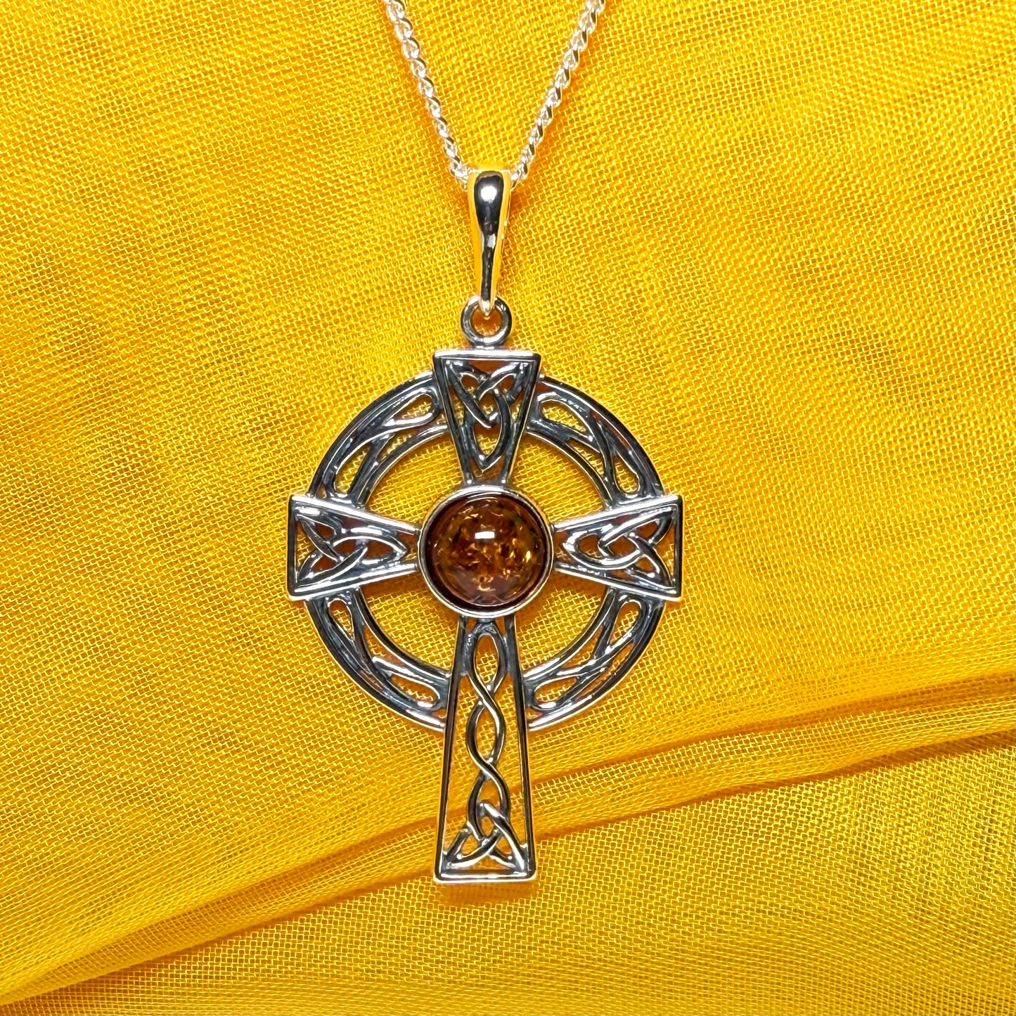 Real amber sterling silver Celtic cross including chain