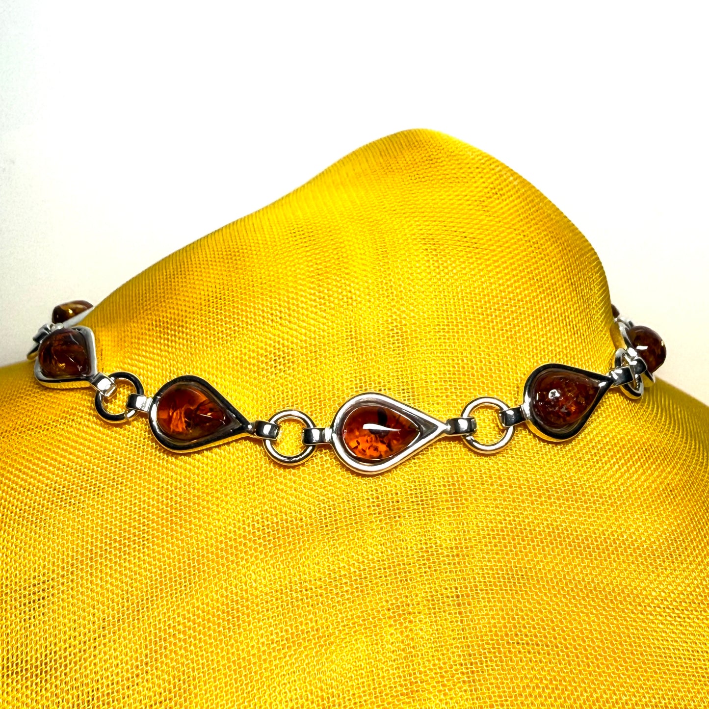 Real amber sterling silver pear shaped bracelet