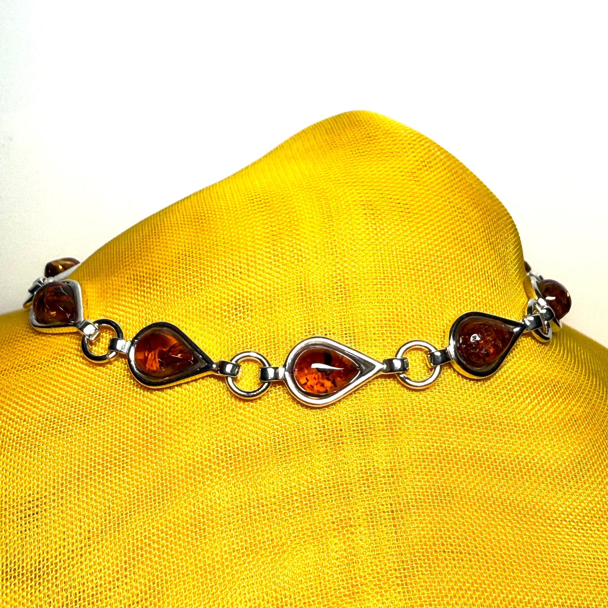 Real amber sterling silver pear shaped bracelet