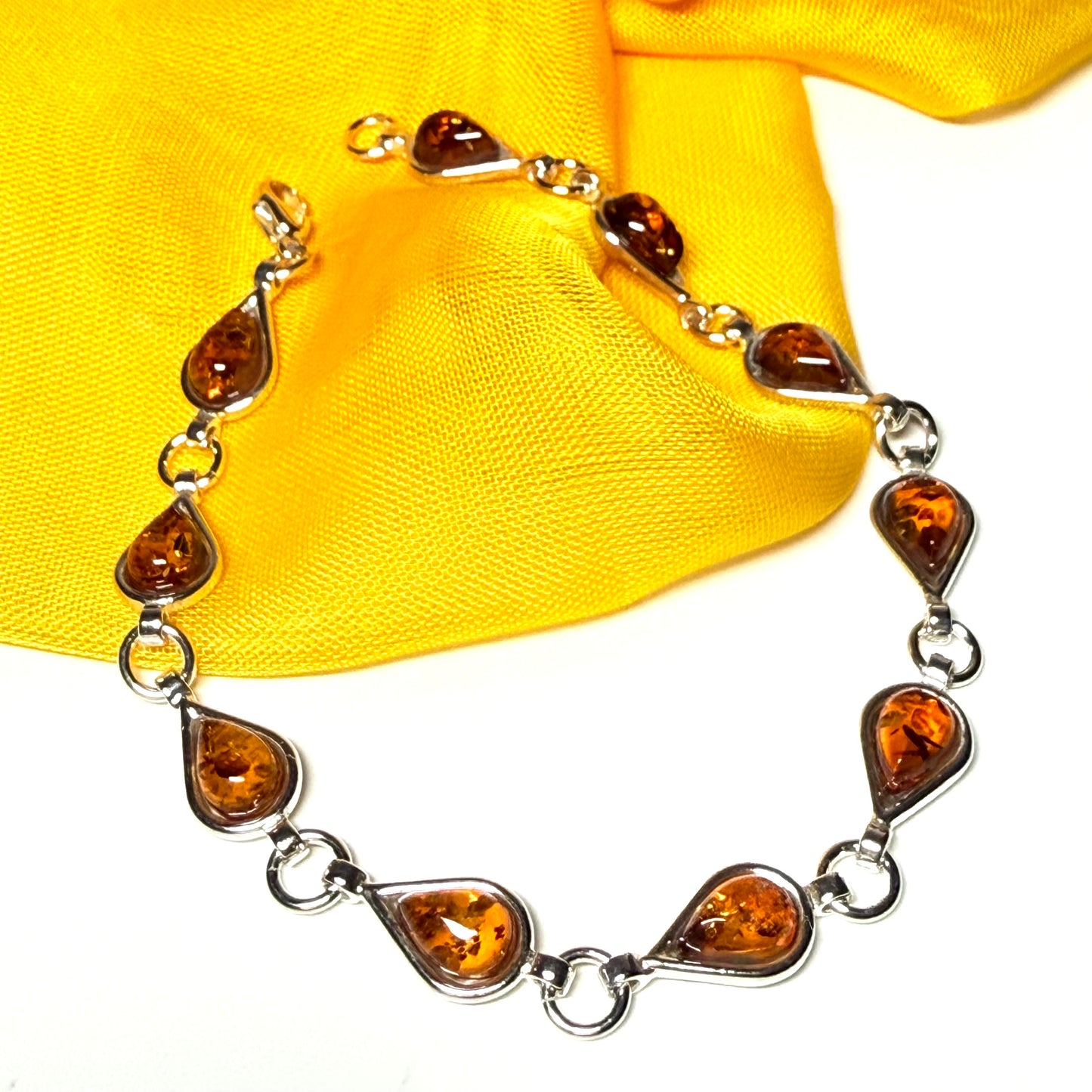 Real amber sterling silver pear shaped bracelet
