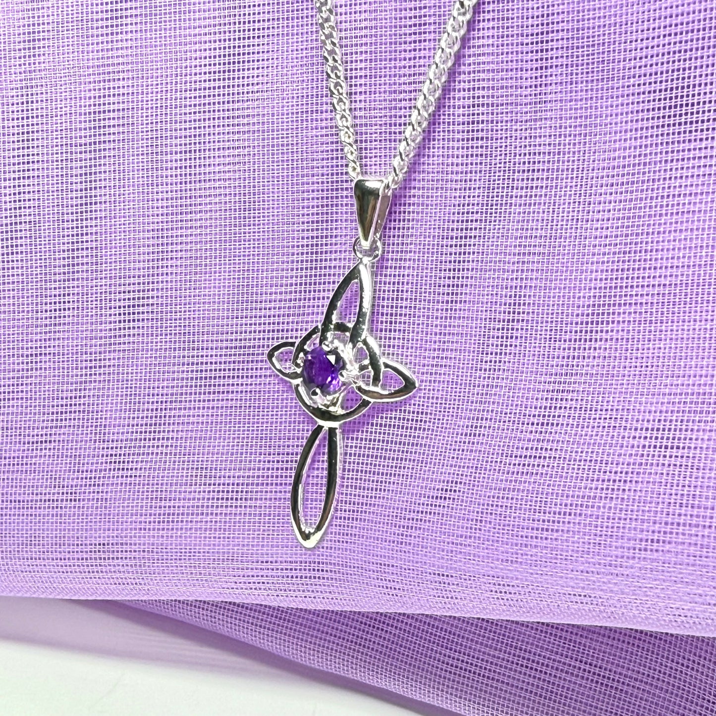 Real amethyst coloured Celtic cross sterling silver necklace