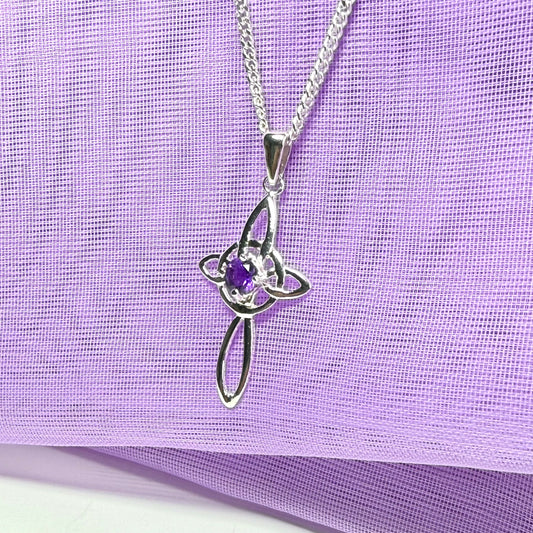 Real amethyst coloured Celtic cross sterling silver necklace