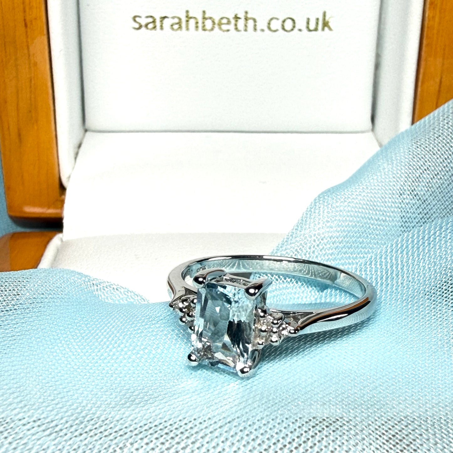 Real aquamarine and diamond white gold squared dress ring